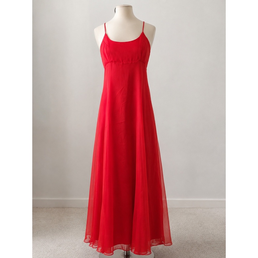 Vintage Jordan Fashions Red Chiffon Maxi Dress ILGWU Union Made Gown Size 5/6